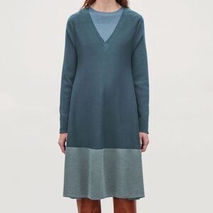 COS Wool Blend Blue Ribbed Knit Minimalist Contemporary Modest Sweater Dress M
